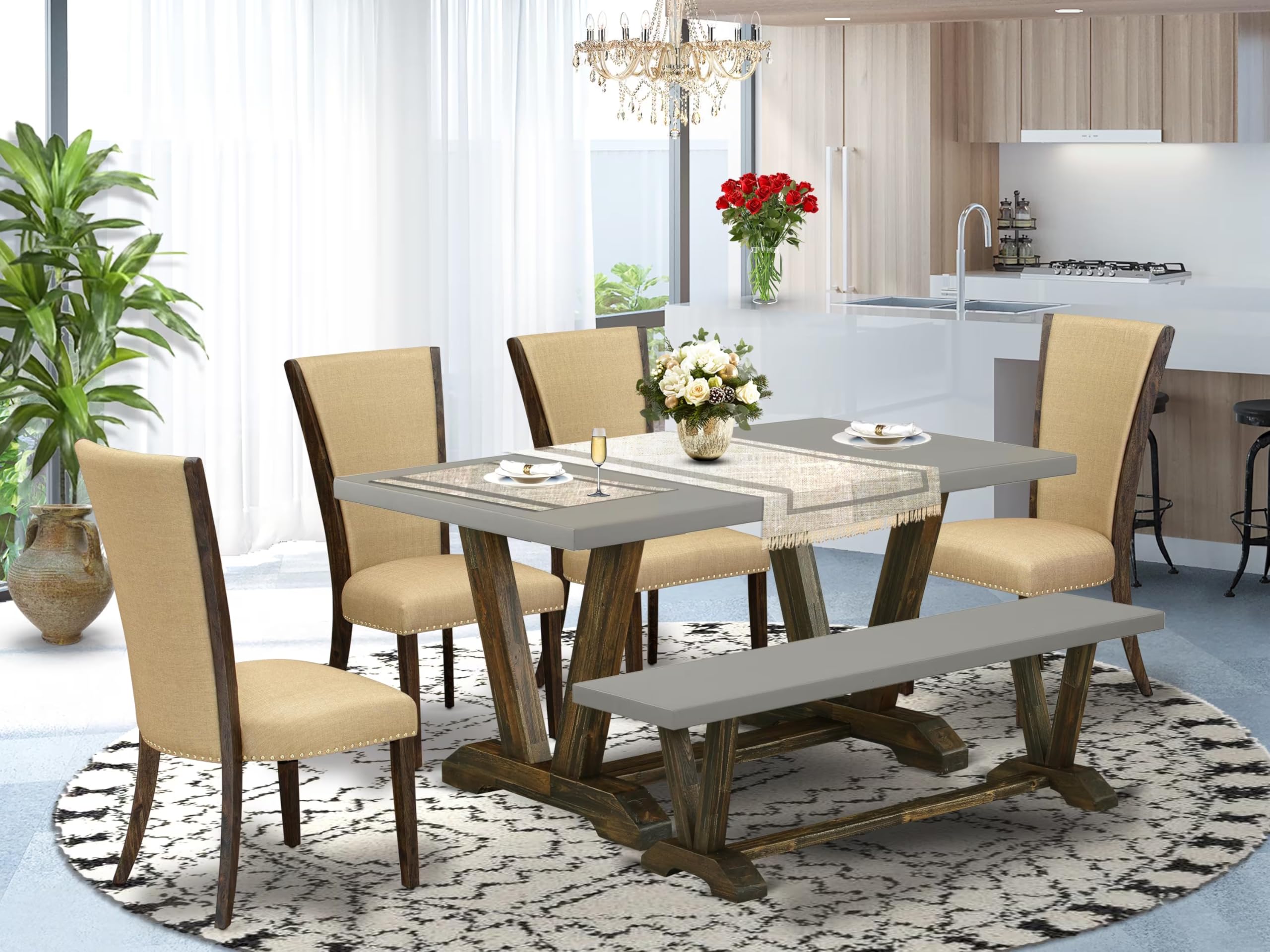 East West Furniture V796VE703-6 6 Piece Dining Set Contains a Rectangle Dining Room Table with V-Legs and 4 Brown Linen Fabric Parson Chairs with a Bench, 36x60 Inch, Multi-Color
